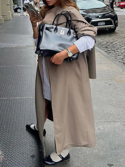 Long Sleeves Loose Buttoned Pockets Solid Color Split-Joint Notched Collar Outerwear Trench Coats