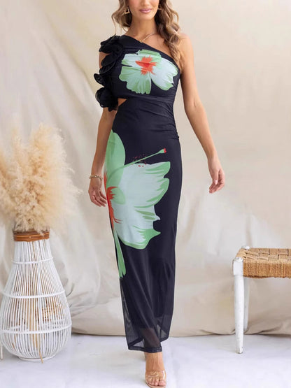 Bodycon Sleeveless Contrast Color Flower Print Hollow Three-Dimensional Flower One-Shoulder Midi Dresses