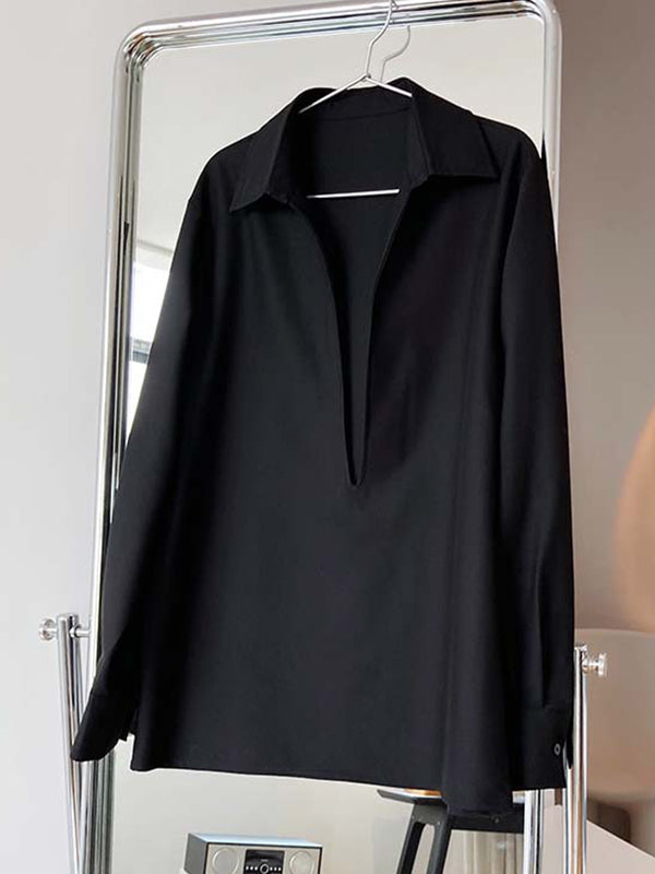 Long Sleeves Loose Solid Color Lapel Blouses
