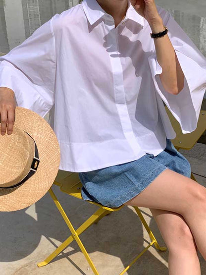 A-Line Flared Sleeves Buttoned Pleated Solid Color Lapel Blouses&Shirts Tops