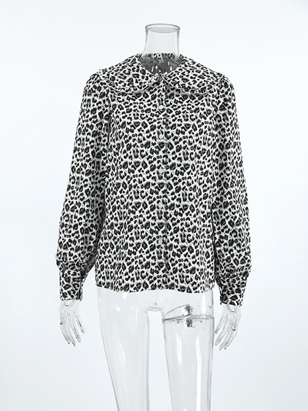 Loose Puff Sleeves Leopard Split-Joint Peter Pan Collar Blouses&Shirts Tops