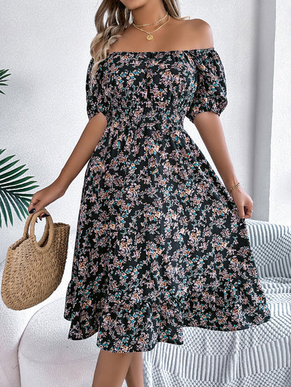 A-Line Short Sleeves Contrast Color Elasticity Flower Print Ruffle Trim Split-Joint Square-Neck Midi Dresses