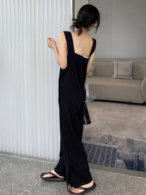 Original Creation Sleeveless Loose Solid Color Square-Neck Overalls