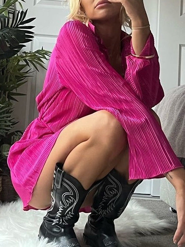 Long Sleeves Loose Buttoned Solid Color Tied Waist Lapel Mini Dresses