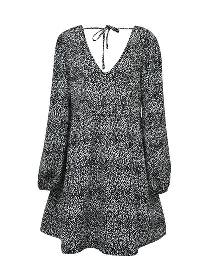 A-Line Bishop Sleeve Leopard Ruffled Tied V-Neck Mini Dresses