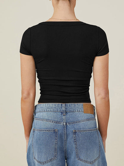 Short Sleeves Skinny Solid Color Square-Neck T-Shirts Tops