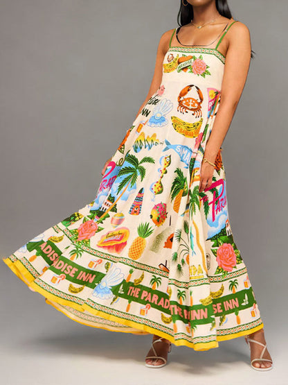 A-Line High Waisted Contrast Color Pleated Printed Split-Joint Spaghetti-Neck Midi Dresses
