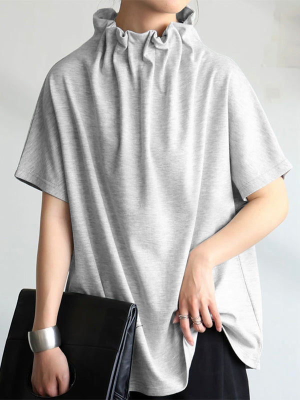Loose Short Sleeves Solid Color Stand Collar T-Shirts Tops