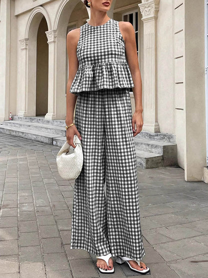 A-Line Loose Plaid Pleated Split-Joint Round-Neck Vest Top + Pants Bottom Suits