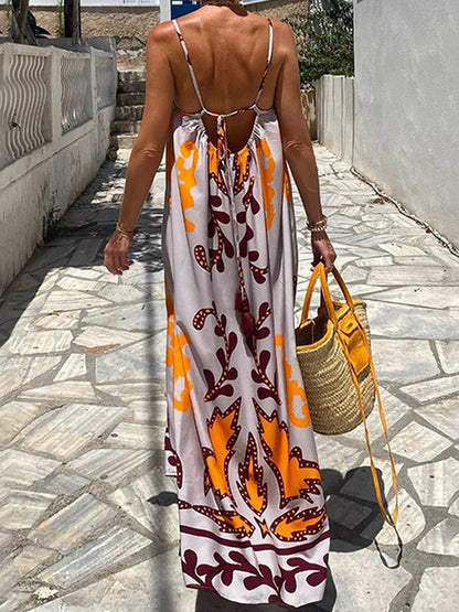 A-Line High Waisted Contrast Color Pleated Printed Split-Joint Spaghetti-Neck Midi Dresses