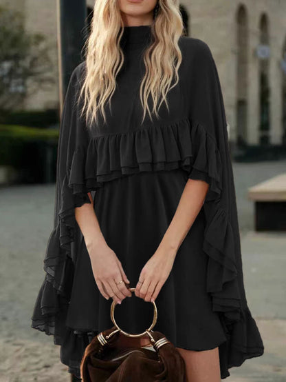 High Waisted Sleeveless Pleated Ruffled Solid Color Split-Joint Tied Mock Neck Mini Dresses Two Pieces Set