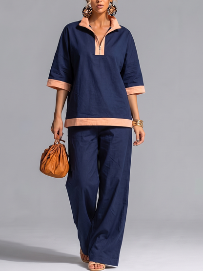 Half Sleeves Contrast Color Zipper V-neck Blouses&shirts Tops + High Waisted Pants Trousers Two Pieces Set