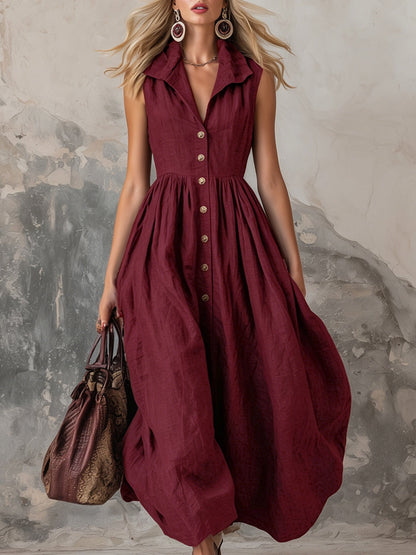 High Waisted Loose Buttoned Pleated Solid Color Lapel Maxi Dresses