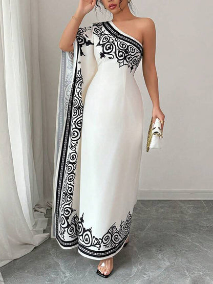 Batwing Sleeves Loose Asymmetric Elasticity Flower Print Pleated One-Shoulder Maxi Dresses