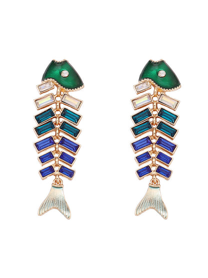 Fish Bones Rhine Stones Shiny Earrings Accessories