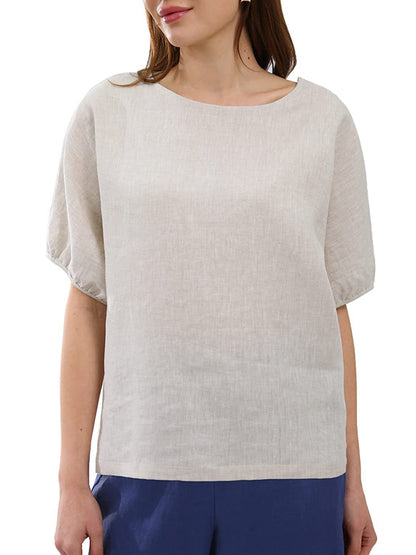 Loose Puff Sleeves Hollow Solid Color Split-Joint Round-Neck T-Shirts
