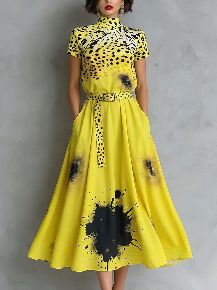 Zipper Tie Dye Pockets Leopard Ink-Printing Contrast Color Belted Short Sleeves High Waisted Mock Neck Midi Dresses
