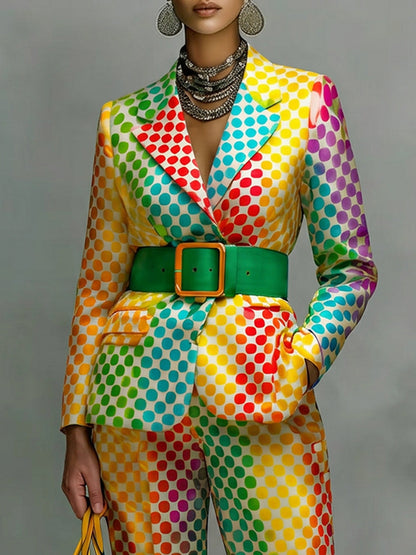 Polka-Dot No Belt Contrast Color Colorful Long Sleeves Notched Collar Outerwear Blazer