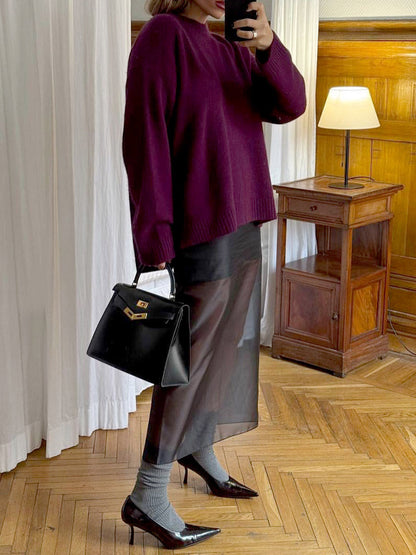 Elasticated Waist High Waisted Layered See-Through Solid Color Split-Joint Skirts Bottoms