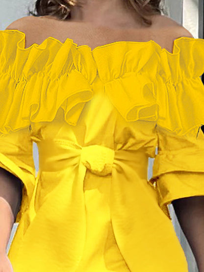 Loose Pleated Ruffled Solid Color Split-Joint Tiered Off-The-Shoulder Blouses&Shirts Tops