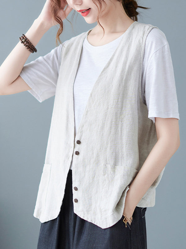 Simple Loose V-Neck Solid Color Vest