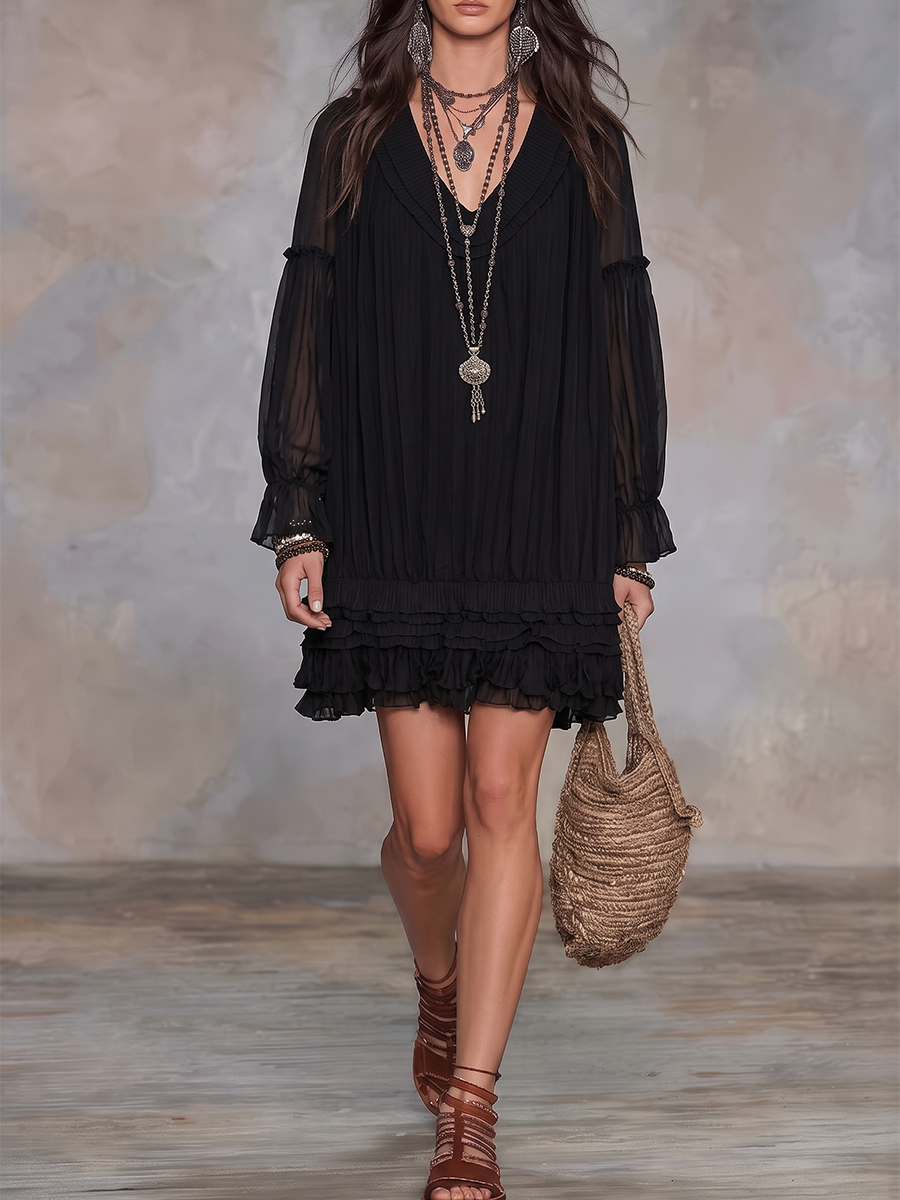 A-Line Long Sleeves Layered See-Through Solid Color V-Neck Mini Dresses