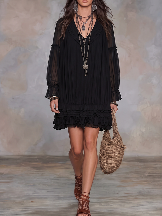 A-Line Long Sleeves Layered See-Through Solid Color V-Neck Mini Dresses