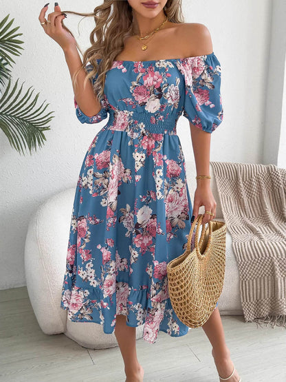 A-Line High Waisted Elasticity Floral Printed Pleated Ruffled Off-The-Shoulder Midi Dresses