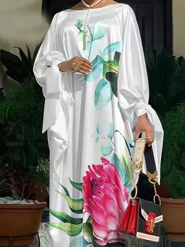 Batwing Sleeves Loose Flower Print Tied Round-Neck Maxi Dresses