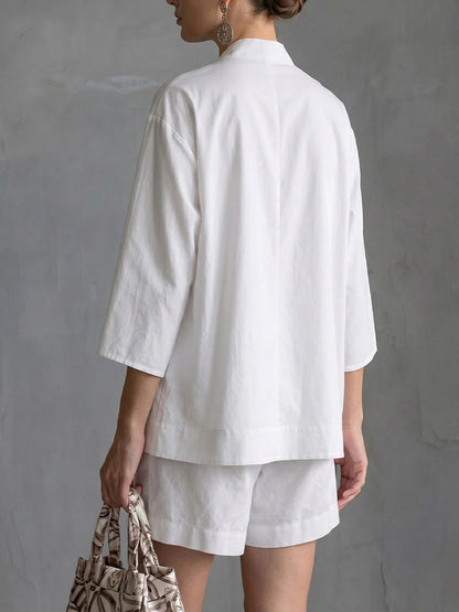 Loose Three-Quarter Sleeves Buttoned Pockets Solid Color V-Neck Blouse Top + Shorts Bottom Two Pieces Set