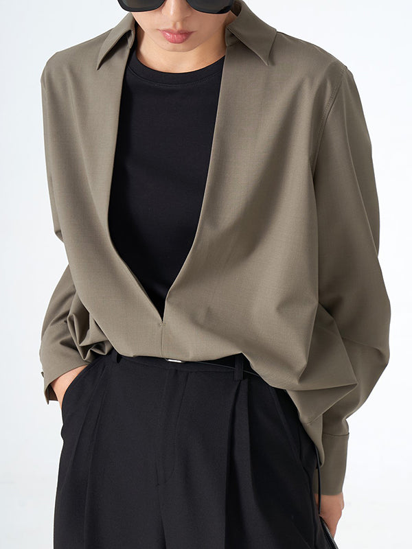 Long Sleeves Loose Solid Color Deep V-Neck Blouses&Shirts Tops