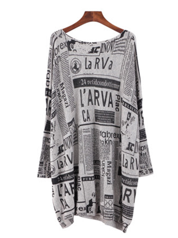 Vintage Loose One-Shoulder Newspaper Printed Split-Joint Sweater