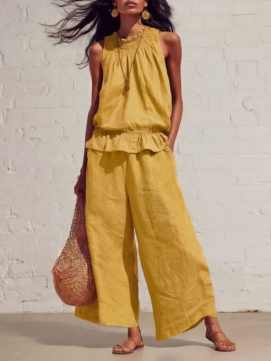 Loose Sleeveless Elasticity Pleated Pockets Solid Color Round-Neck Vest Top + Bottom Pants Two Pieces Set