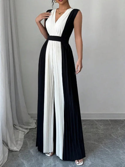 High Waisted Loose Contrast Color Pleated V-Neck Jumpsuits