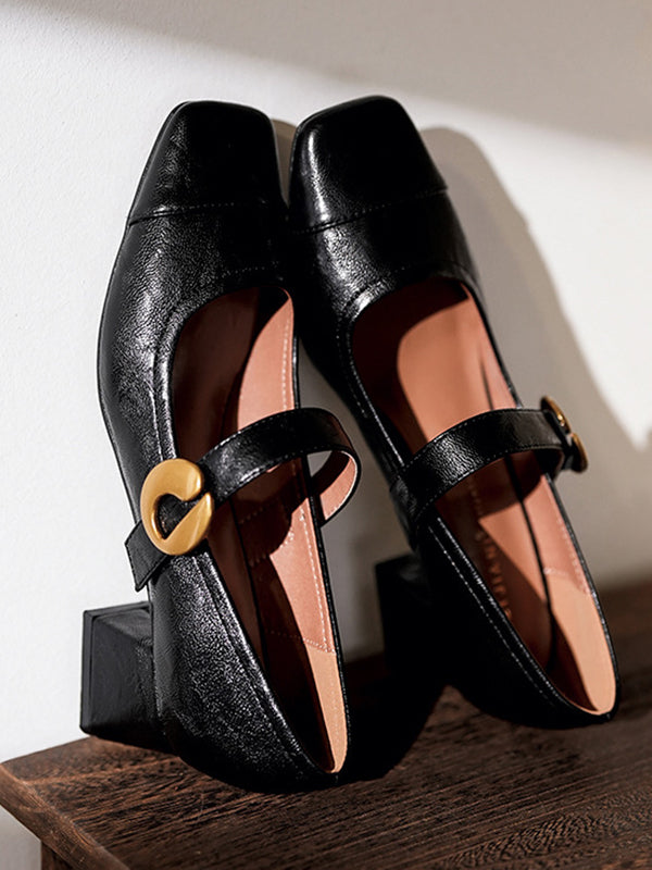 Belt Buckle Shallow Cut Split-Joint Square-Toe Pumps