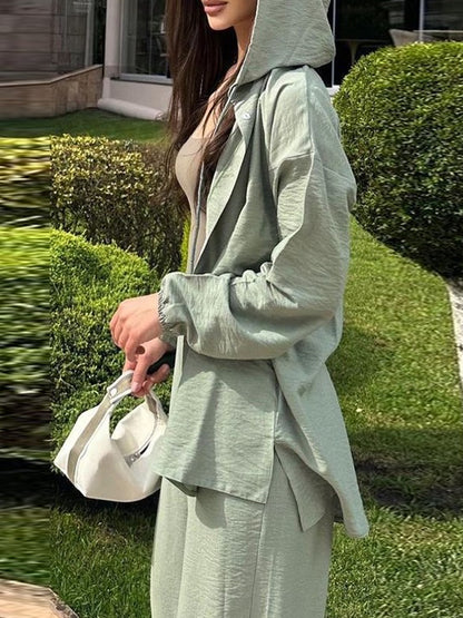 Solid Color Long Sleeves Hooded Split-Side Collarless Shirts Top   High Waisted Pants Bottom Two Pieces Set