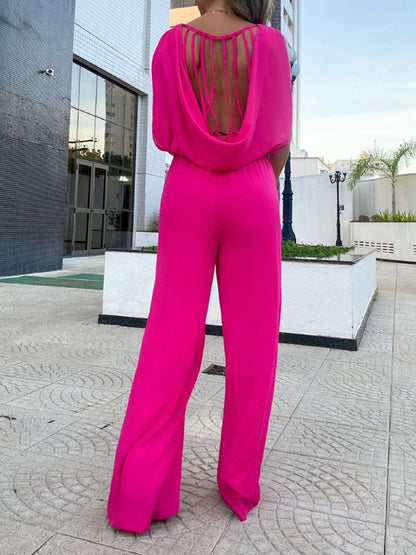 High-Low Wide Leg Backless Hollow Solid Color Round-Neck Jumpsuits Bottoms