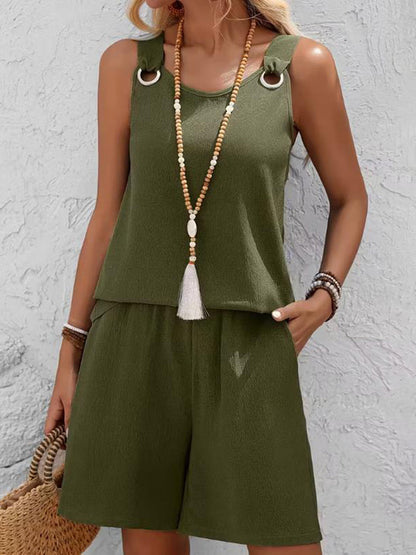 Loose Solid Color Round-Neck Sleeveless Hollow Blouses&Shirts Tops + Pockets Shorts Bottoms Two Pieces Set