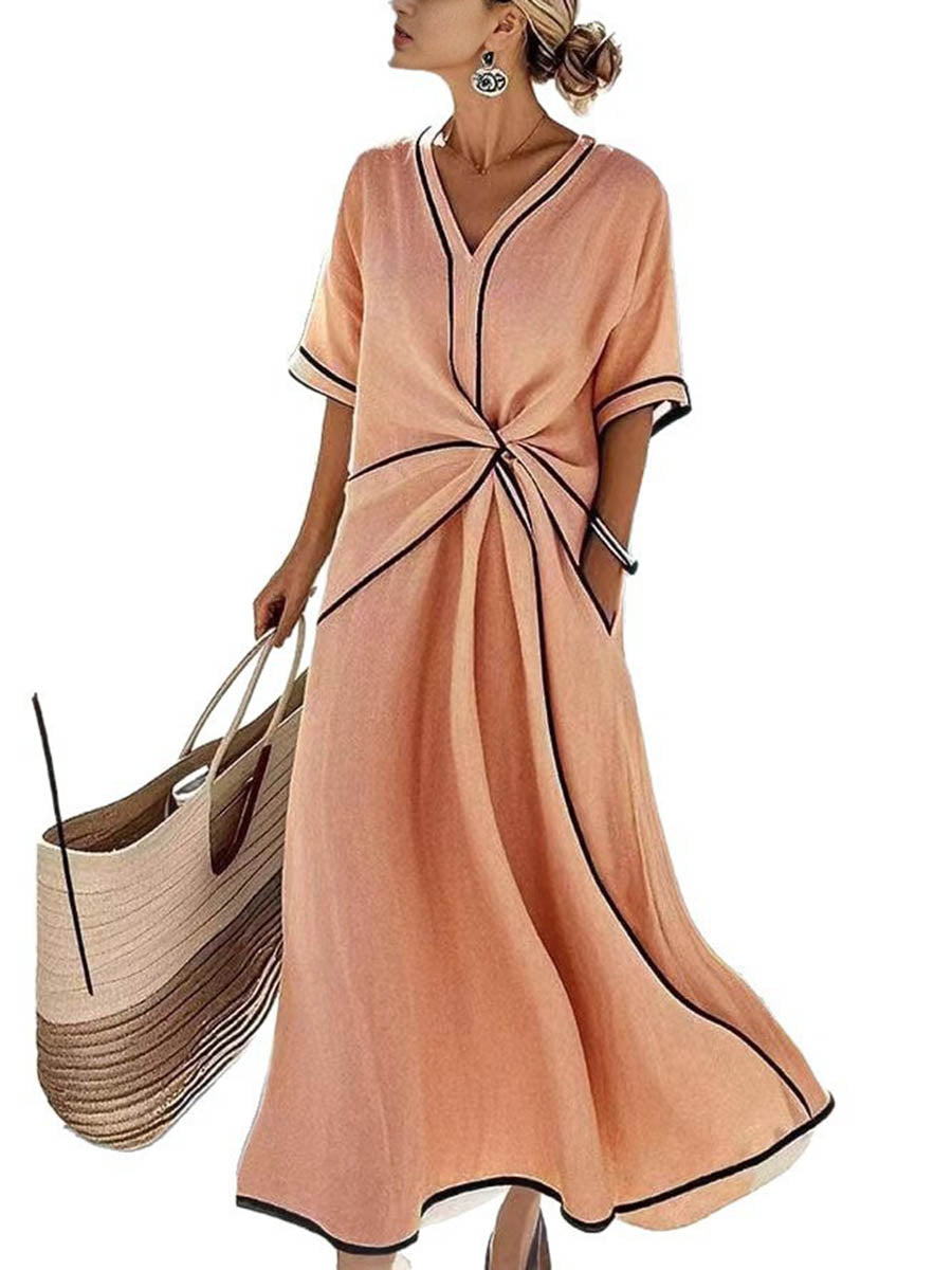 A-Line High Waisted Contrast Color Knot Line Pleated Pockets V-Neck Midi Dresses