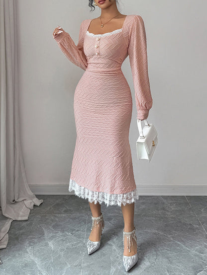 Bodycon High Waisted Lacy Pleated Solid Color Split-Joint Zipper Square-Neck Midi Dresses