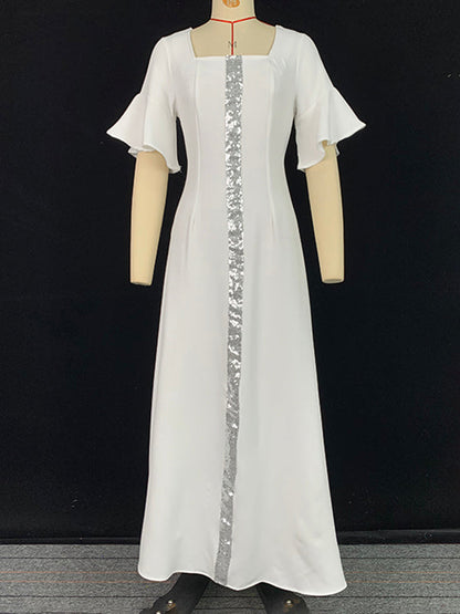 A-Line Flared Sleeves Shiny Solid Color Split-Joint Square-Neck Maxi Dresses