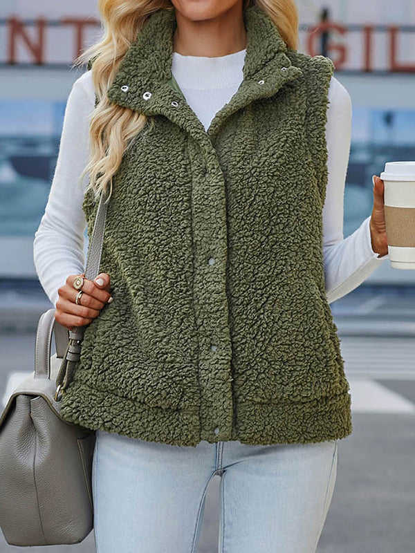 Loose Sleeveless Solid Color Stand Collar Vest Outerwear