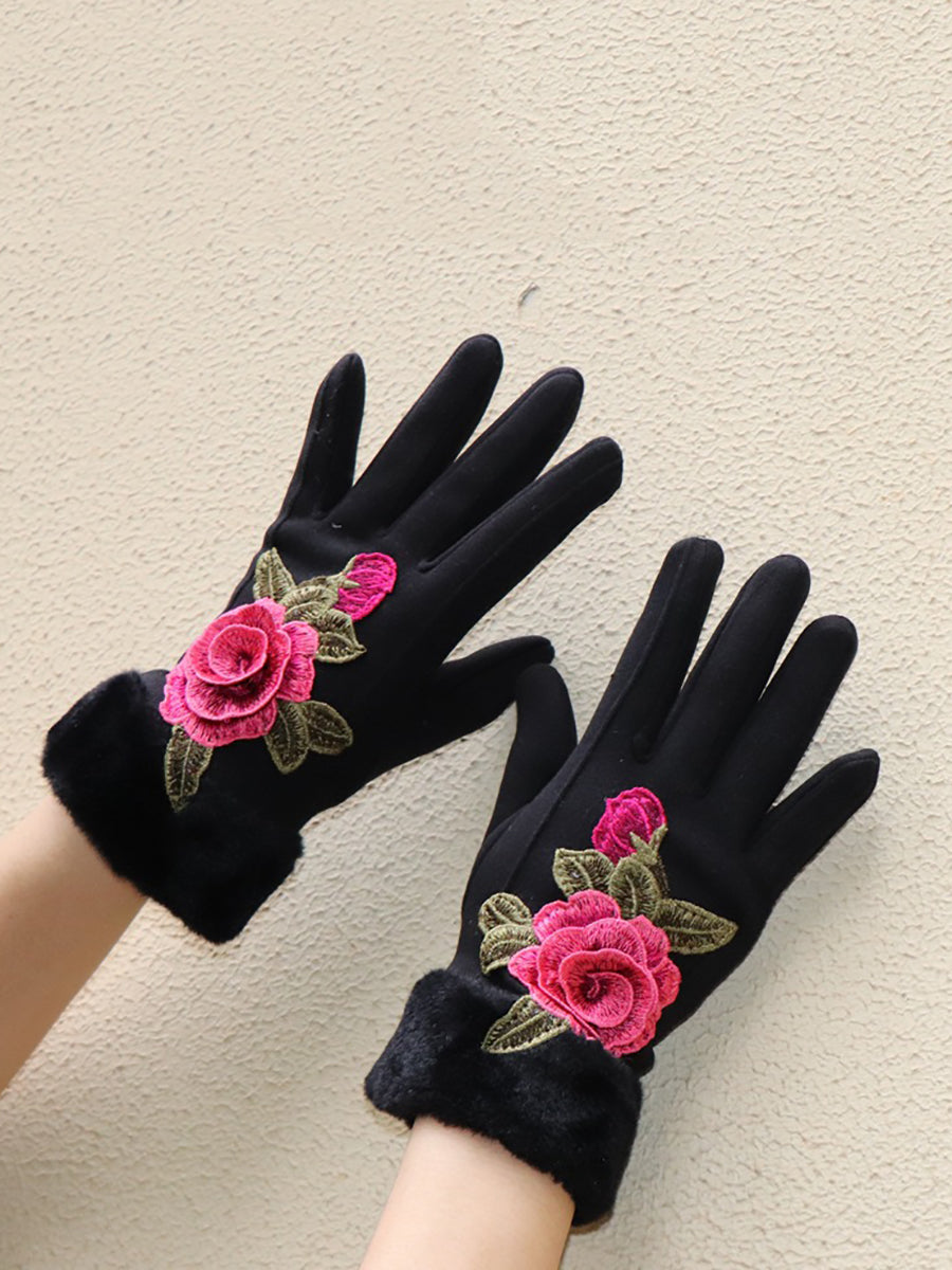 Women Artsy Winter Embroidery Fleece-lined Gloves