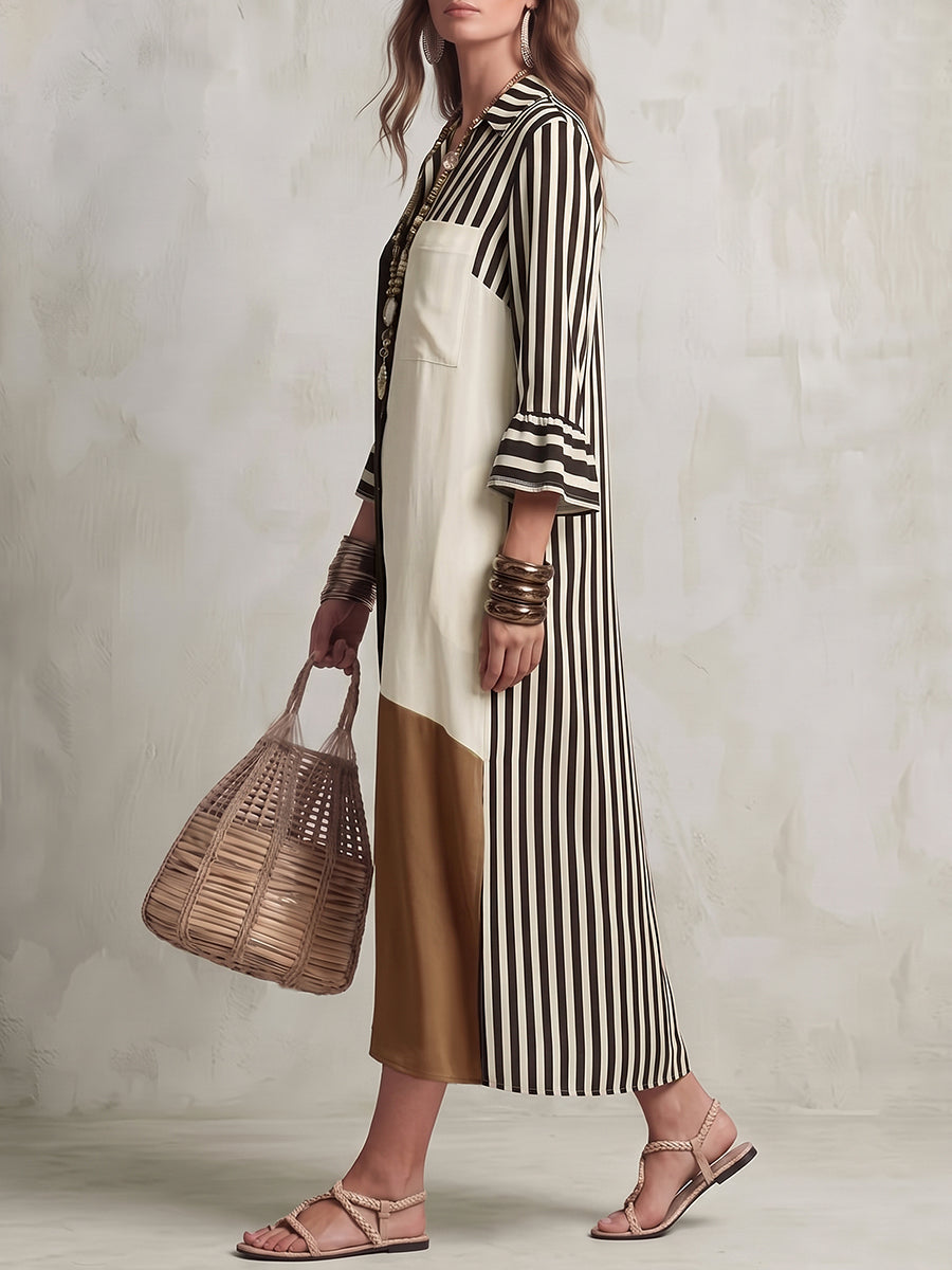 Striped Split-Joint Contrast Color Three-quarter Sleeves Ruffle Sleeves Lapel Midi Dresses