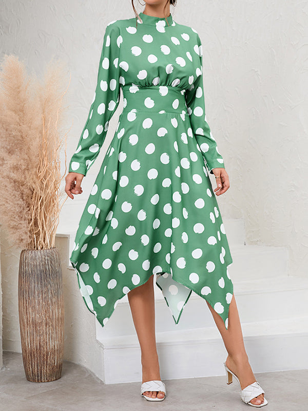 A-Line Long Sleeves Elasticity Hollow Polka-Dot Mock Neck Midi Dresses