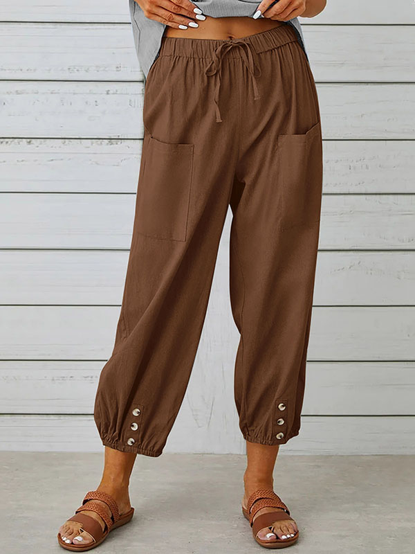 High Waisted Loose Buttoned Drawstring Elasticity Pockets Split-Joint Ninth Pants Trousers