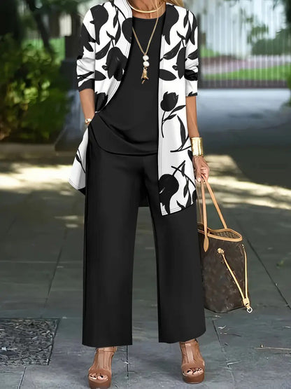 Solid Color Round-neck Sleeveless Tank Top+ Contrast Color Flower Print Outerwear +High Waisted Pockets Pants Trousers Three Pieces Set
