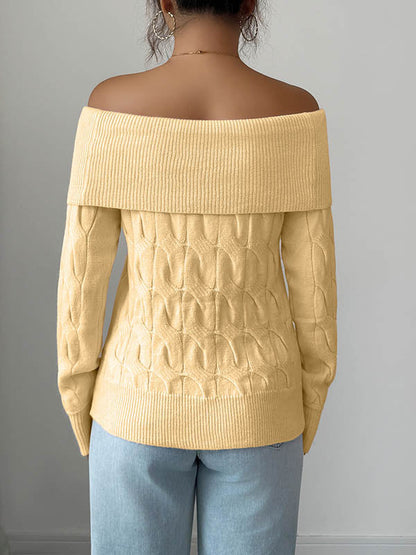 Long Sleeves Solid Color Split-Joint Off-The-Shoulder Pullovers Sweater Tops