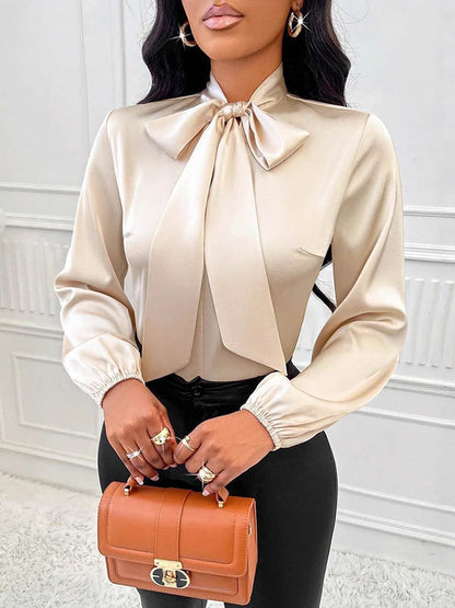 Long Sleeves Loose Bow-Embellished Pleated Solid Color Split-Joint Scarf Collar Blouses&Shirts Tops
