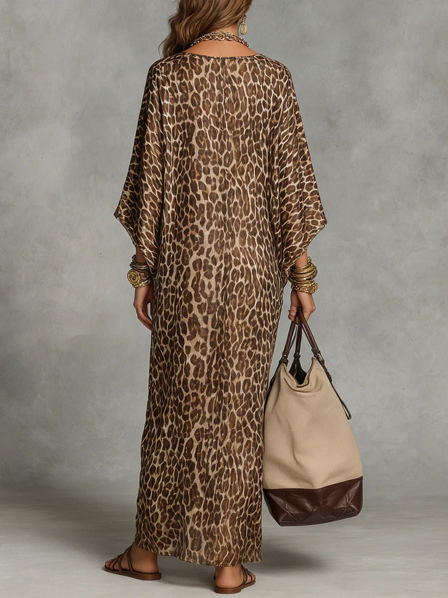 High Waisted Long Sleeves Knot Leopard V-Neck Maxi Dresses